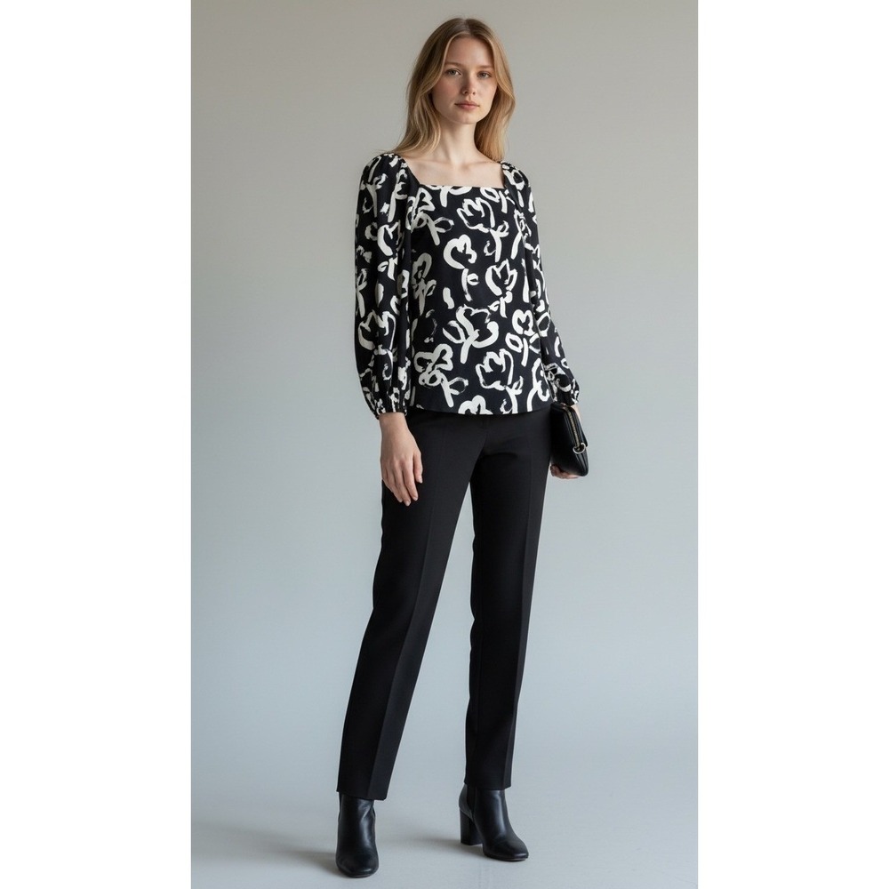 J Crew 365 Shirt Women 4‎ Navy Blue Square Neck Floral Print Blouse Preppy Retro